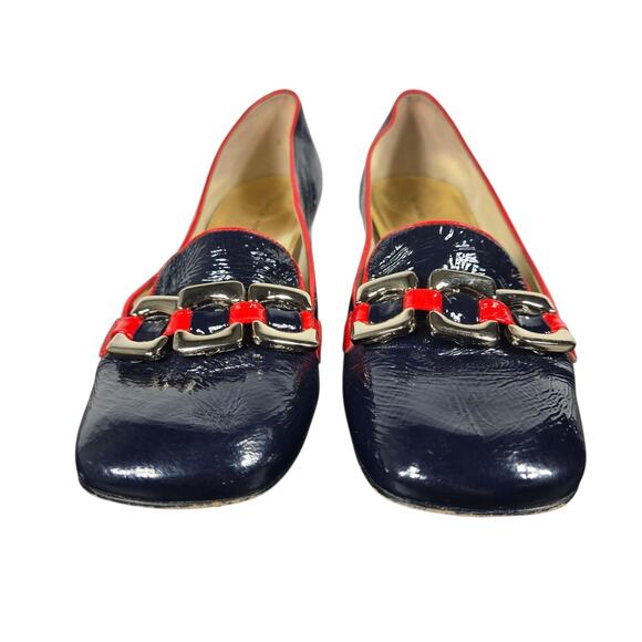 Marc by Marc Jacobs Pumps Womens 38 Navy Red Patent Leather Chain Heeled Loafers - Picture 8 of 14